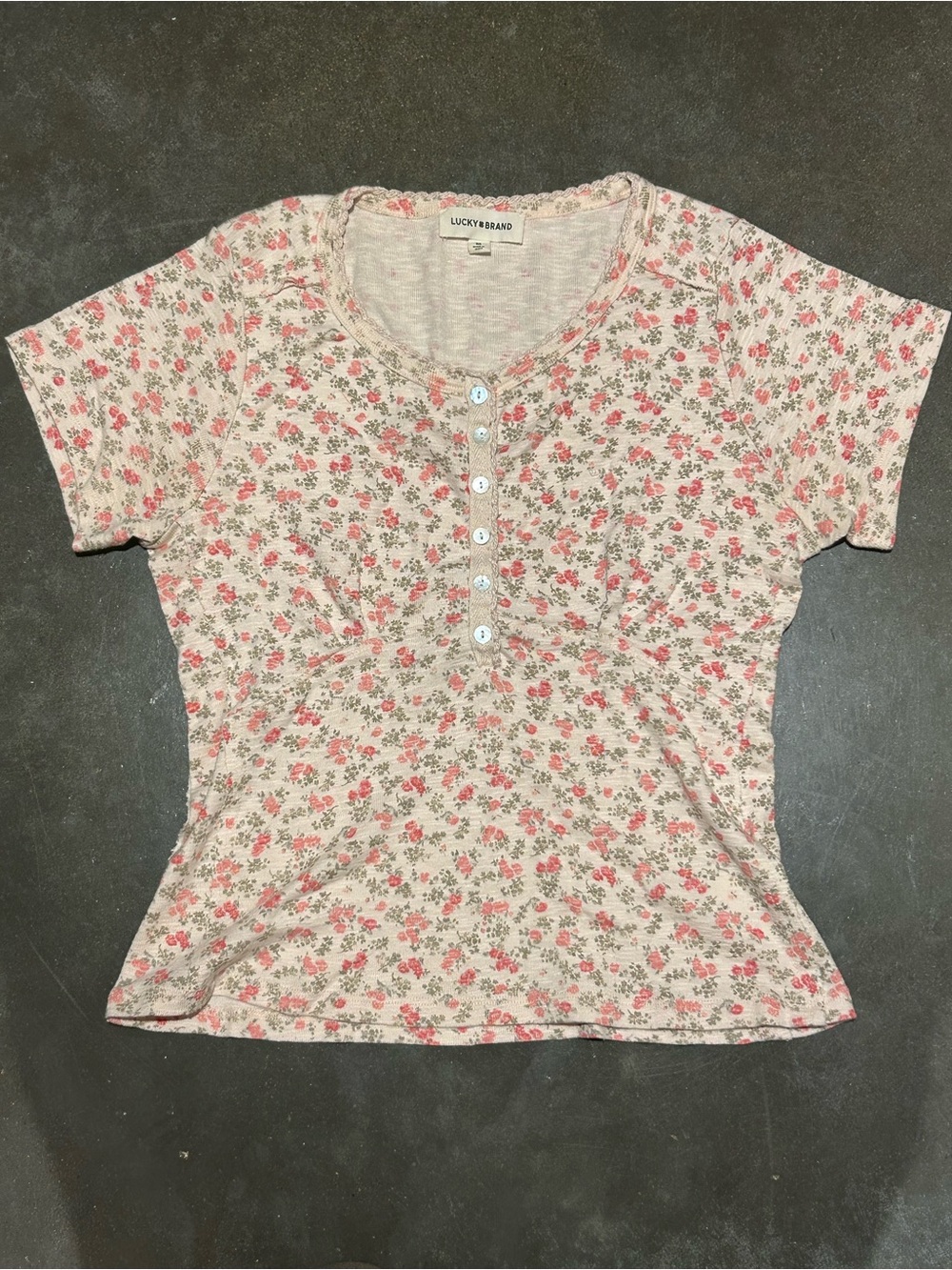 Lucky Brand Cream Henley Tee with Pink Floral Print - Women M